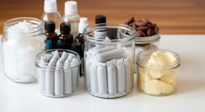 Glass storage containers filled with individually wrapped homemade suppositories next to natural ingredients like coconut oil and shea butter