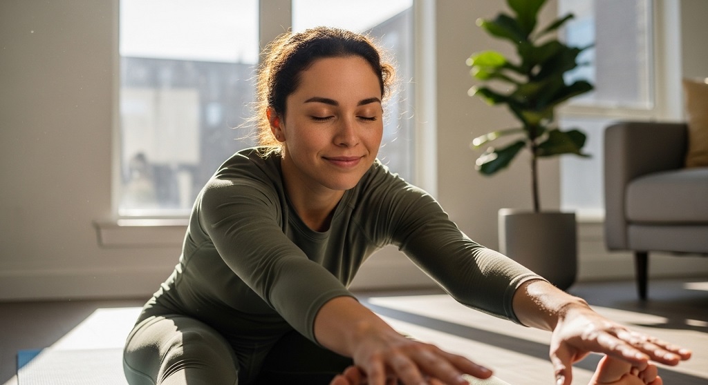 A person practicing yoga at home to demonstrate the importance of exercise for mental well-being.