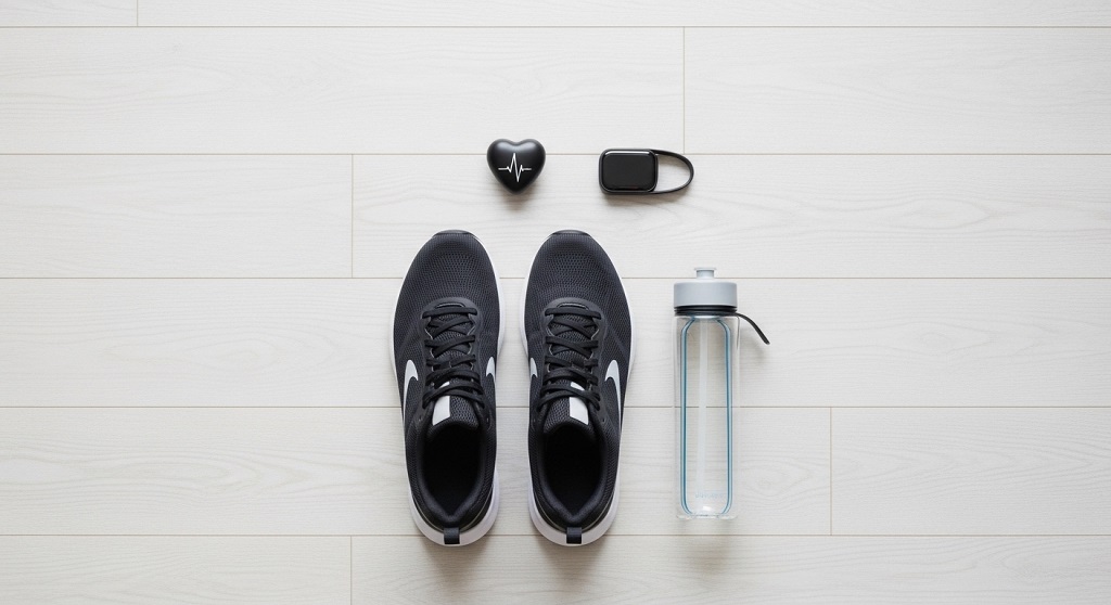 Flat-lay of fitness gear symbolizing the physical and mental health benefits of regular movement.